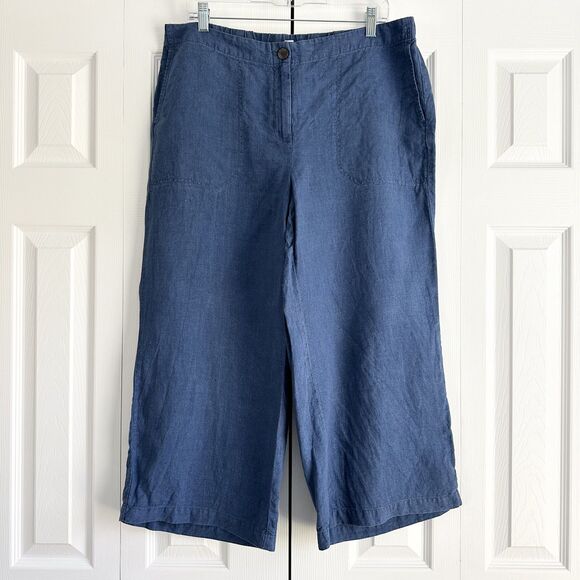 J. Jill Linen Pants Womens Size L Blue Wide Leg Cropped High Rise 100% Linen - Picture 1 of 10